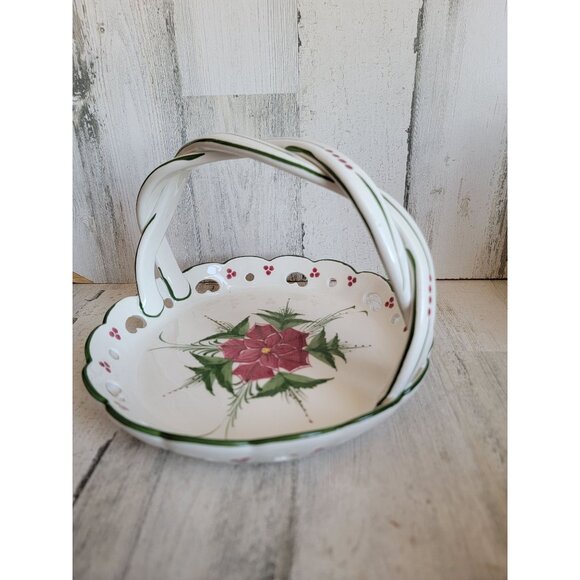 Portugal tray ceramic poinsettia red flower home decor xmas carrying plate - Picture 3 of 6